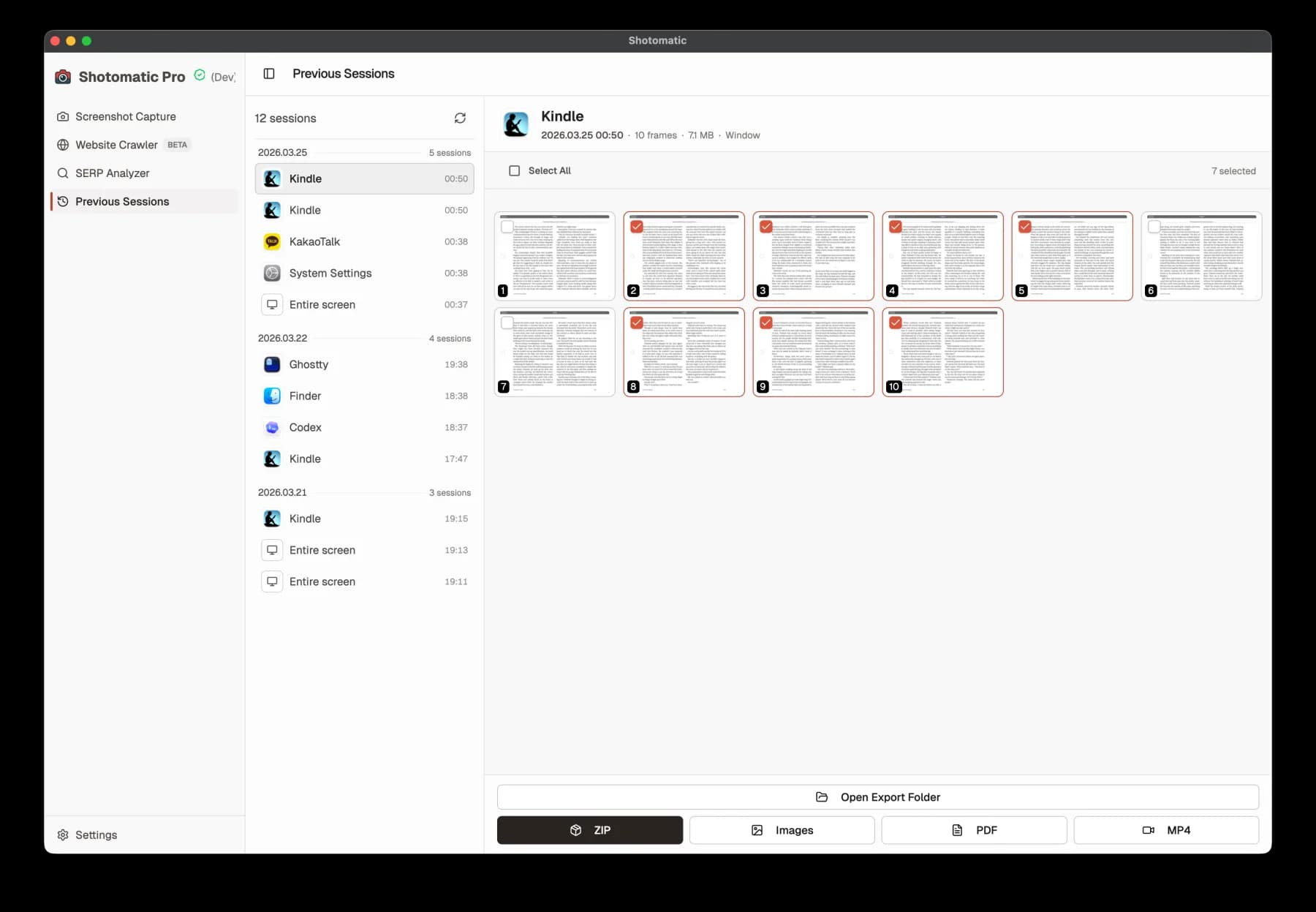 Shotomatic Previous Sessions screen showing saved capture history and a selected session detail view