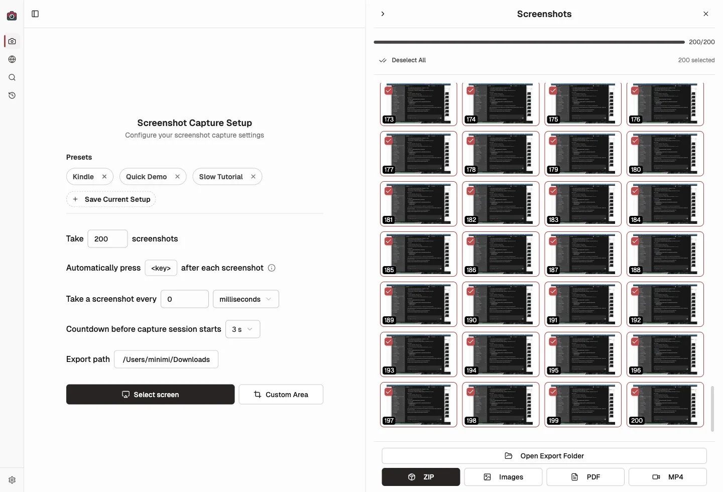 Shotomatic screenshot sidebar showing the end of a long capture session with later thumbnails visible