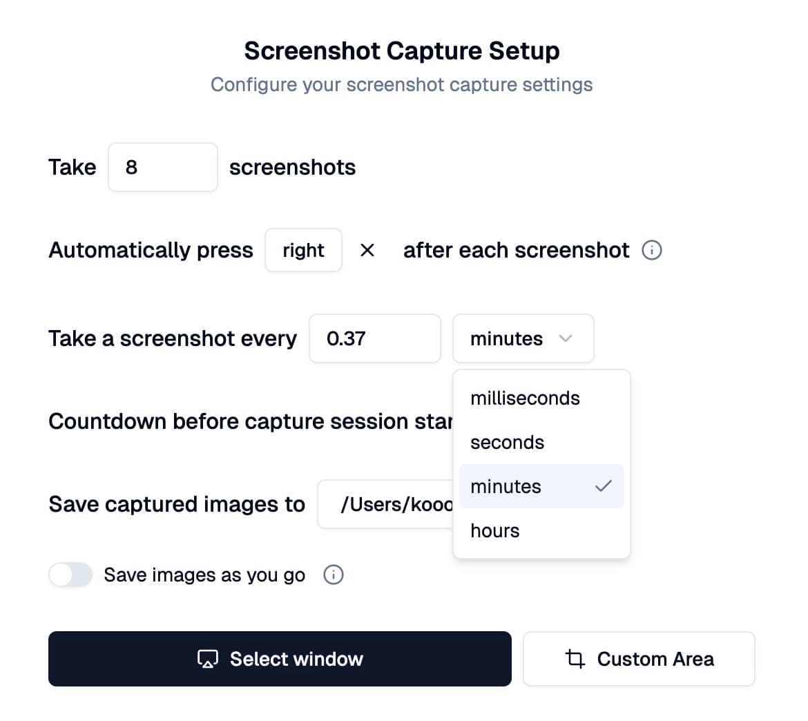 Enhanced capture settings interface showing persistent settings and flexible controls