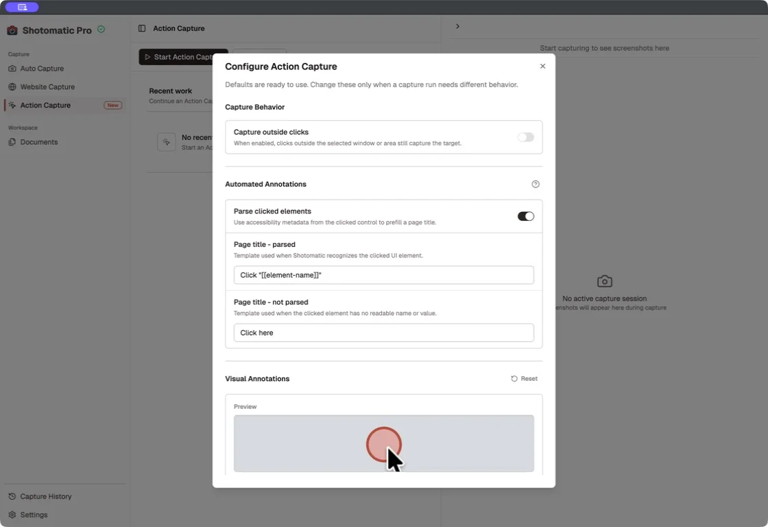 Configure Action Capture dialog with page title, cursor, and click marker settings