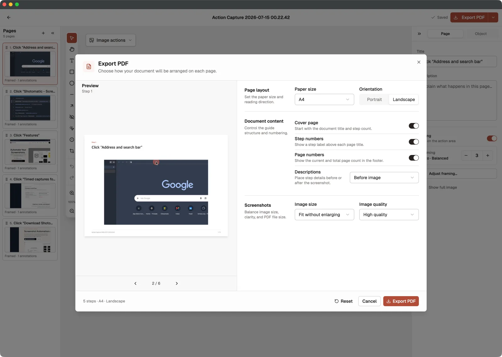 Shotomatic Export PDF dialog with a guide preview and controls for paper size, orientation, cover, numbering, descriptions, image size, and quality